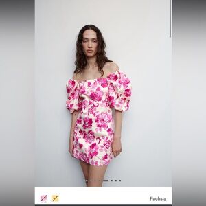 Mango Puff Sleeve Short Dress Fuschia Large